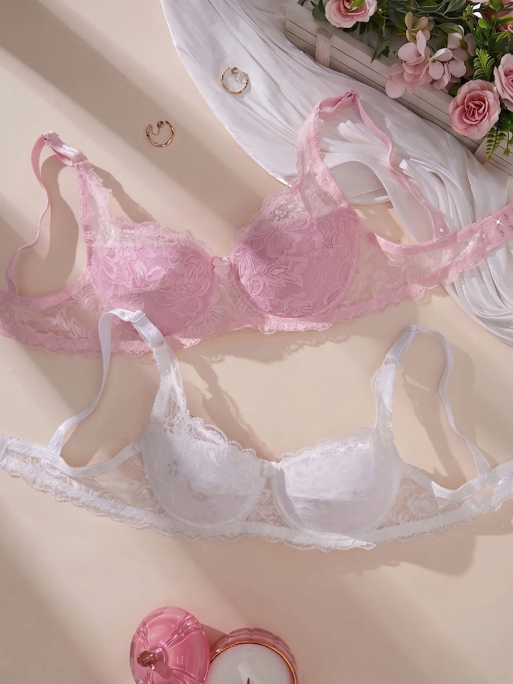 2Pcs/Set Lace Bra for Women Sexy Underwire Push-Up Bra Breathable Mesh Thin Soft Lingerie Adjustable No Lining Women's Bra