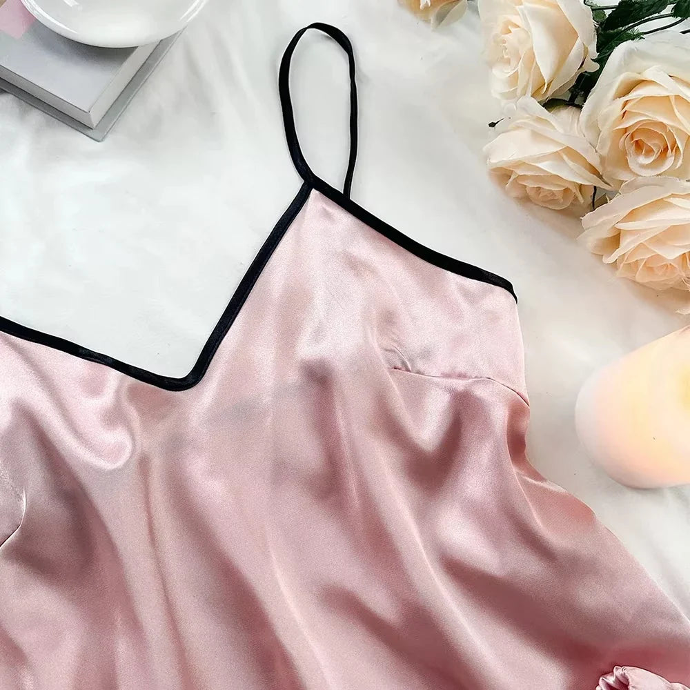 Summer Pajamas Set Women's Smooth Satin V-Neck Ruffled Edges Tops and Bow Shorts Pajama Sling Home Clothing