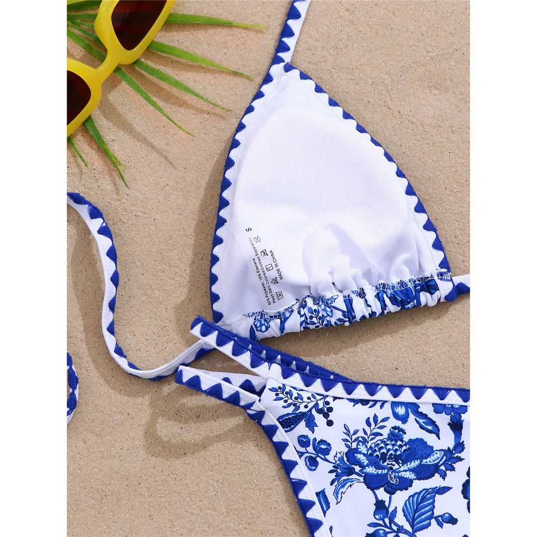 Sexy Flower Printed Halter Bikini Women Swimwear Female Swimsuit Two-Pieces Bikini Set Brazilian Bather Bathing Suit Swim V8203