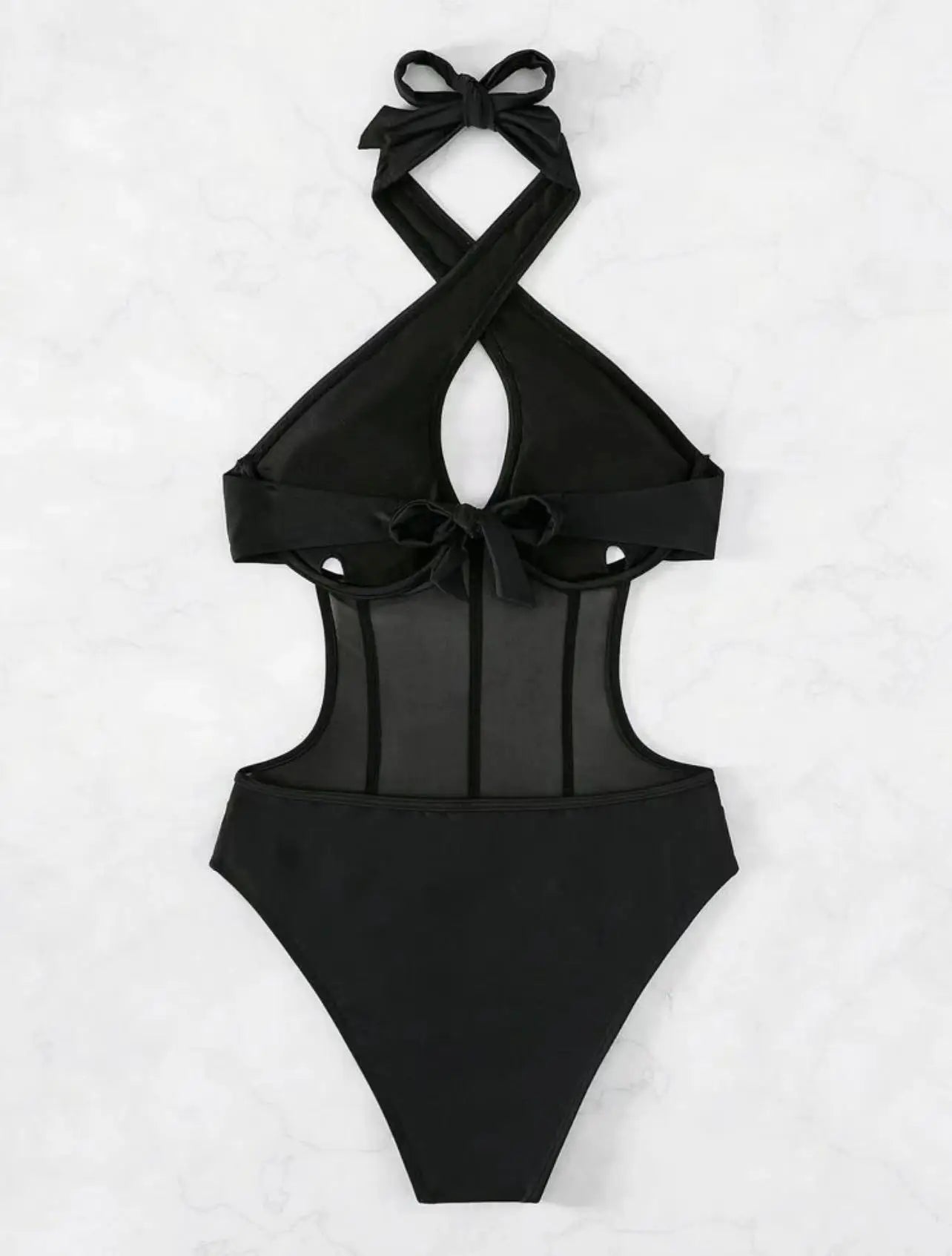 Sexy See Through One Piece Swimsuit 2025 Women Halter Corss Underwire Tummy Control Swimwear Solid Black Hot Pink Bathing Suits