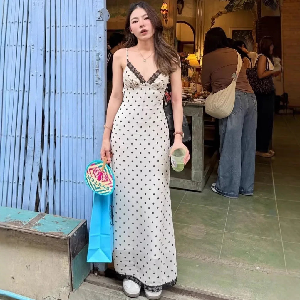 Style Lace Trim Spliced Camisole Dress For Women Polka Dot Print Vacation Beach Long Dress Backless Deep V Sleeveless Dress 82UF
