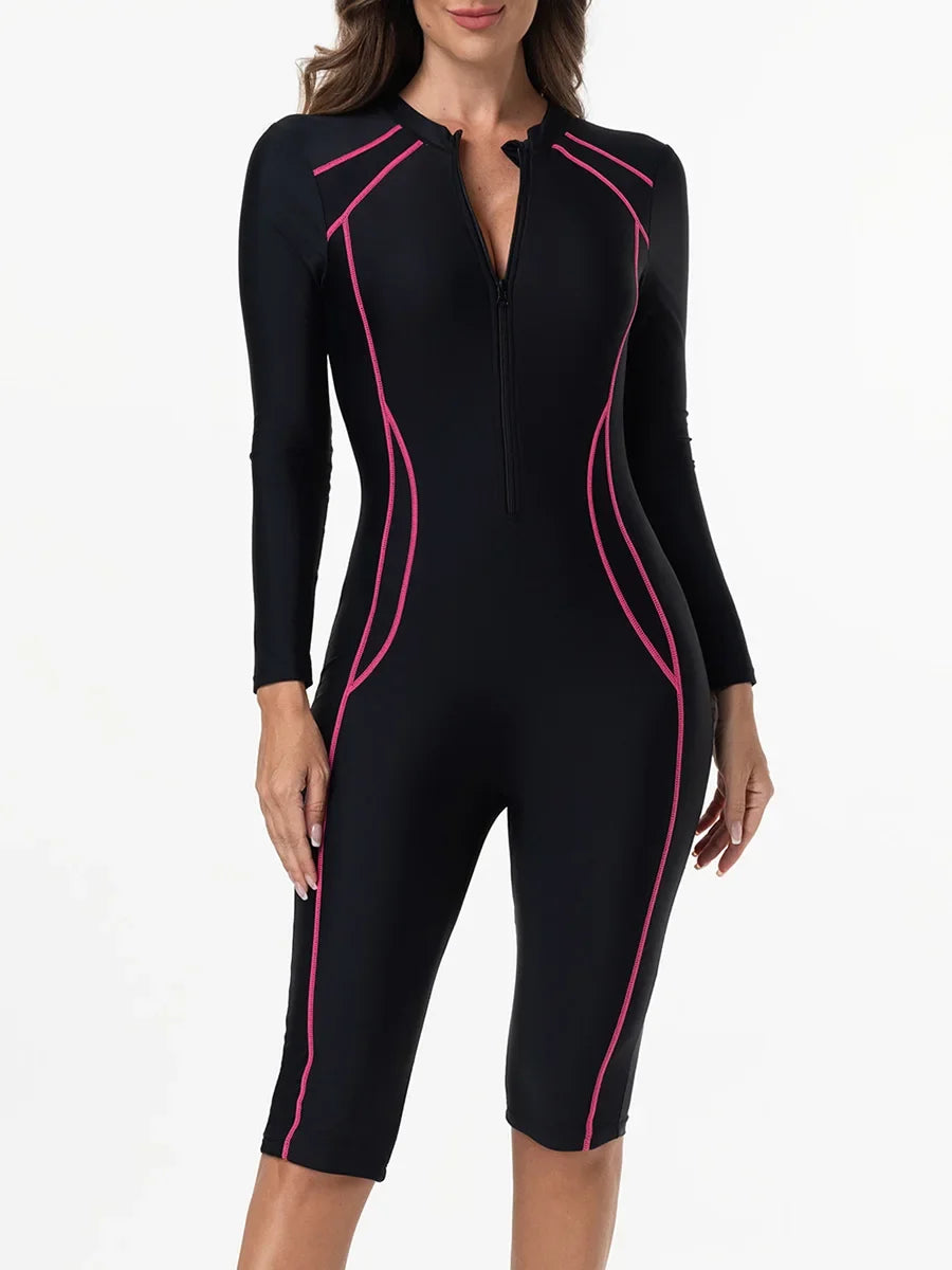 2026 Zipper Slim One Piece Swimsuit Women Long Sleeve & Knee Swimwear Female Bather Bathing Swimming Swim Surf Suit Beachwear