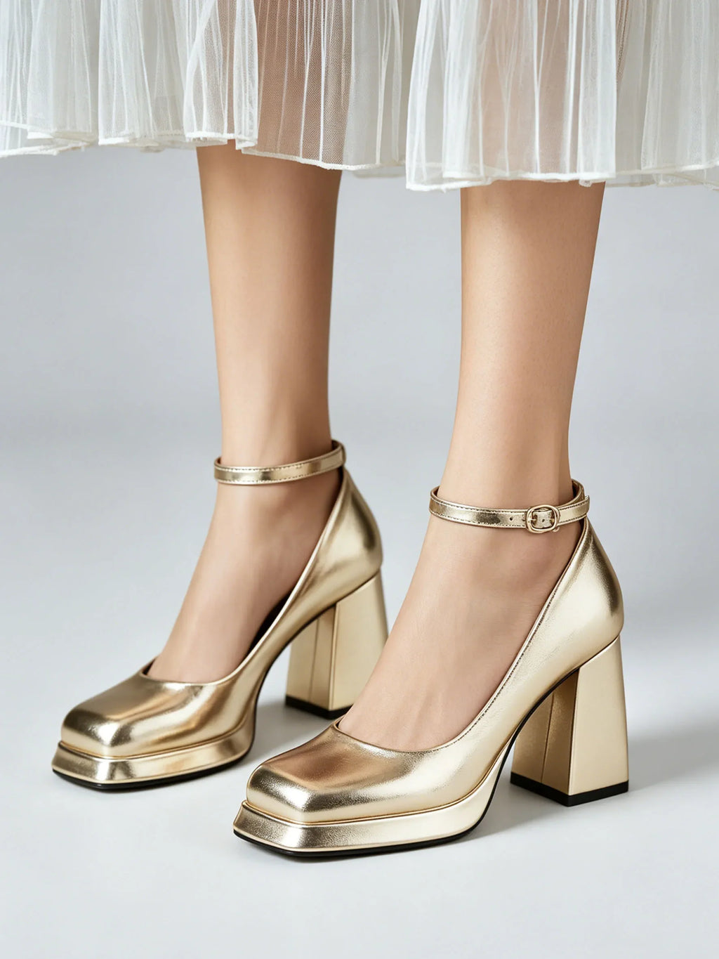 Big Size 32-46 Elegant Gold Metallic Platform High Heels Women Shoes Square Toe Ankle Strap Chunky Heel Party Wedding Pumps