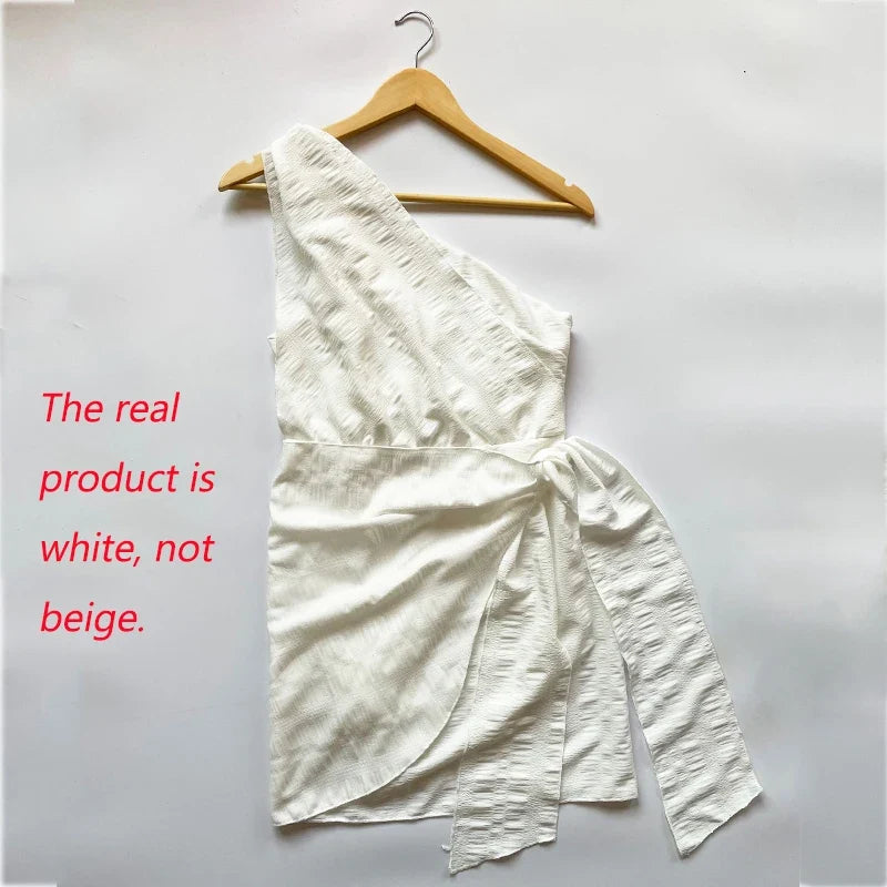 Foridol One Shoulder White Cotton Ruched Short Summer Dress Bowknot Beach Sundress Women Sleeveless Solid Dress