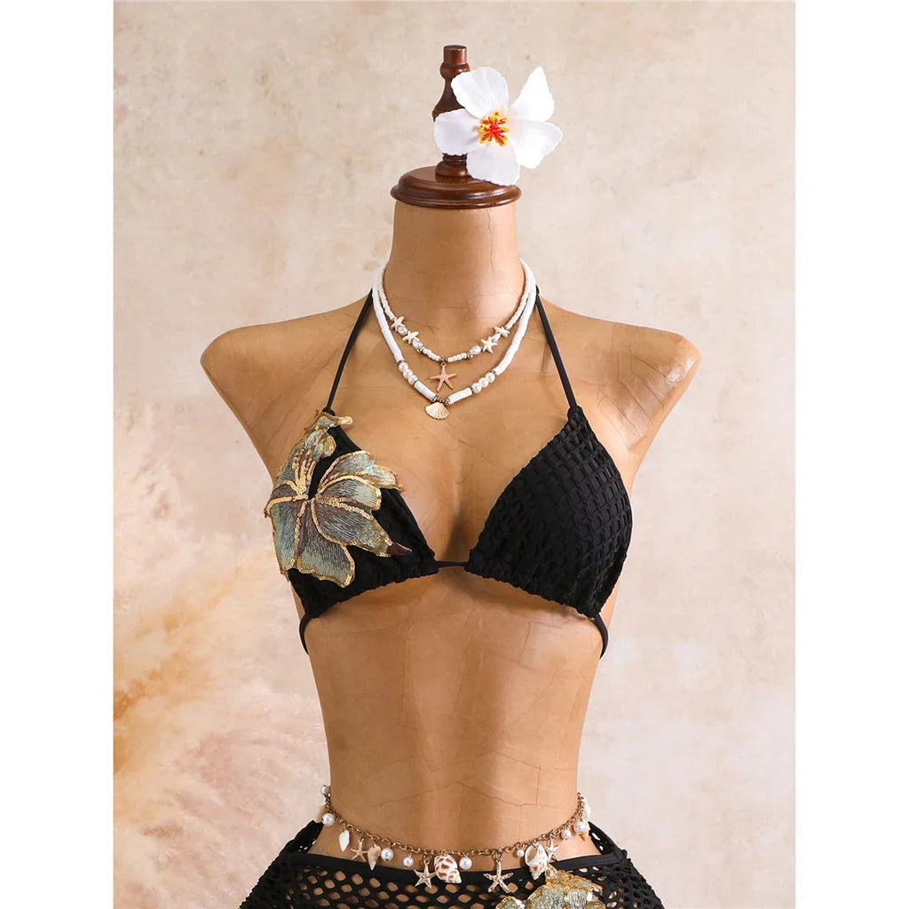 With Skirt 3D Flower Halter Bikini Women Swimwear Female Swimsuit Three-Pieces Bikini Set Padded Bather Bathing Suit Swim  V8346