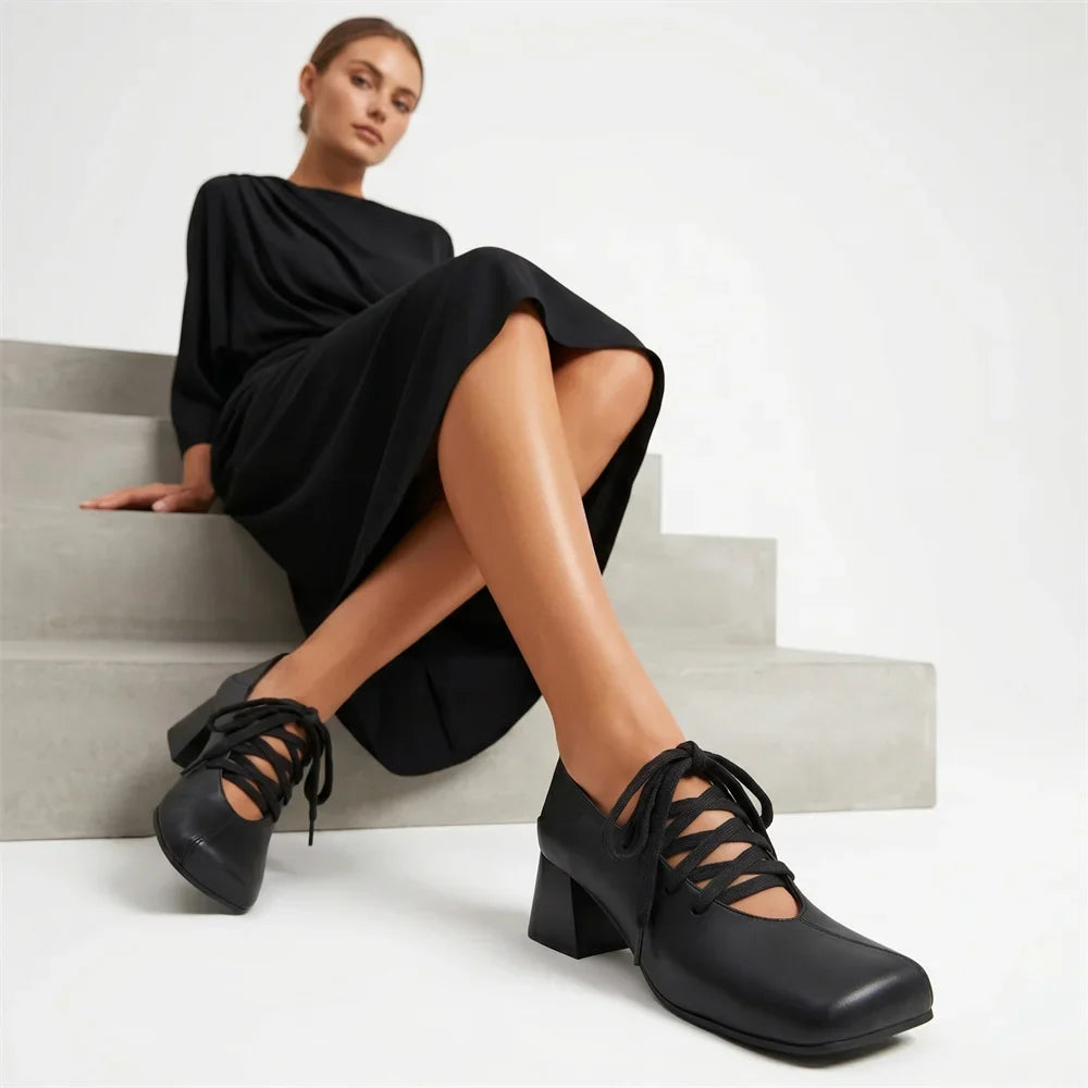 Plus Size 52 Retro Lace Up Ankle Wrap Mary Jane Heels Women Shoes Square Toe Faux Leather Chunky Block Mid Heel Vintage Pumps