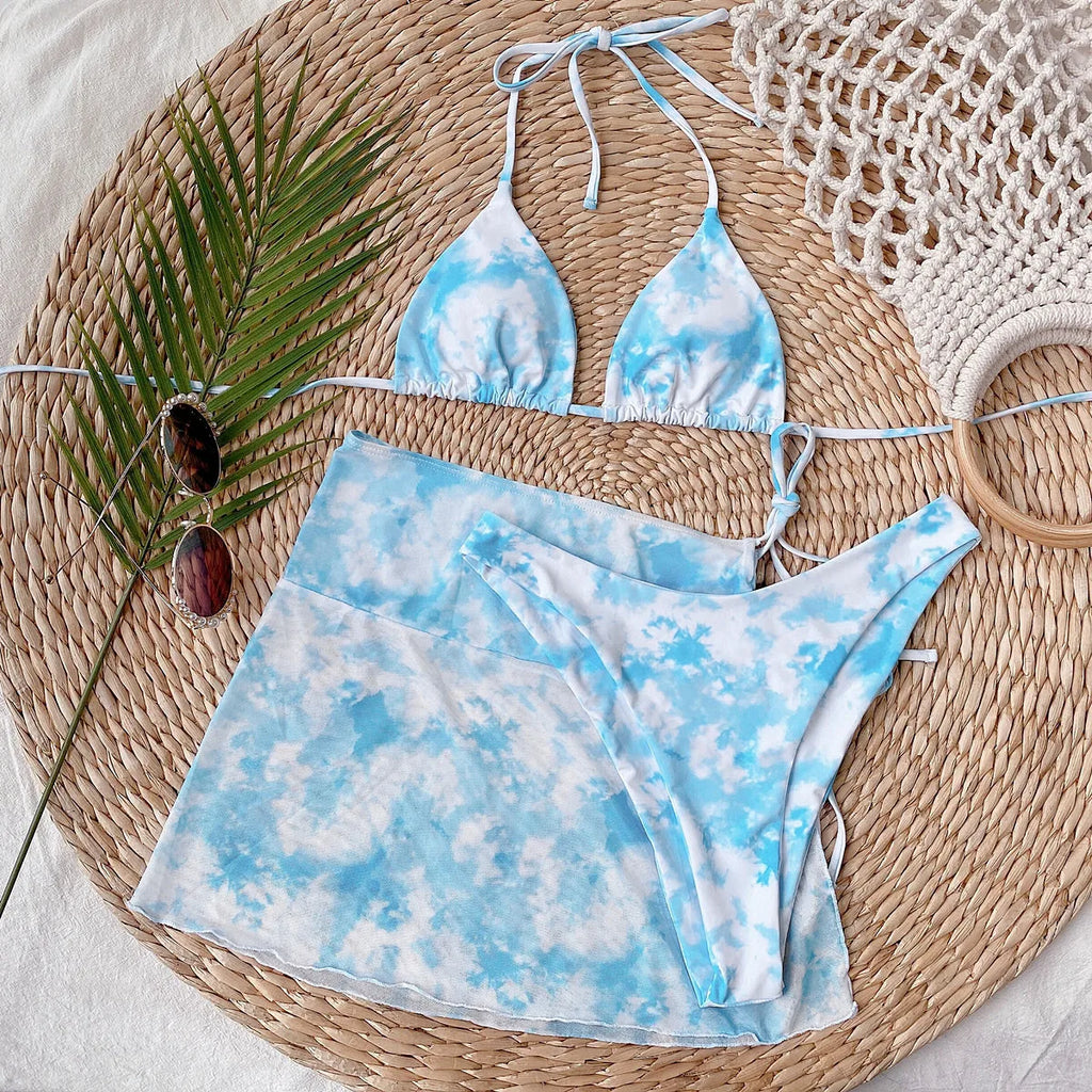4 Colors Sexy Bikini Set 3-Piece Swimwear Swimsuit Women Halter Print Bikinis Set Bathing Suit Beach Bikini Trajes De Bano Mujer