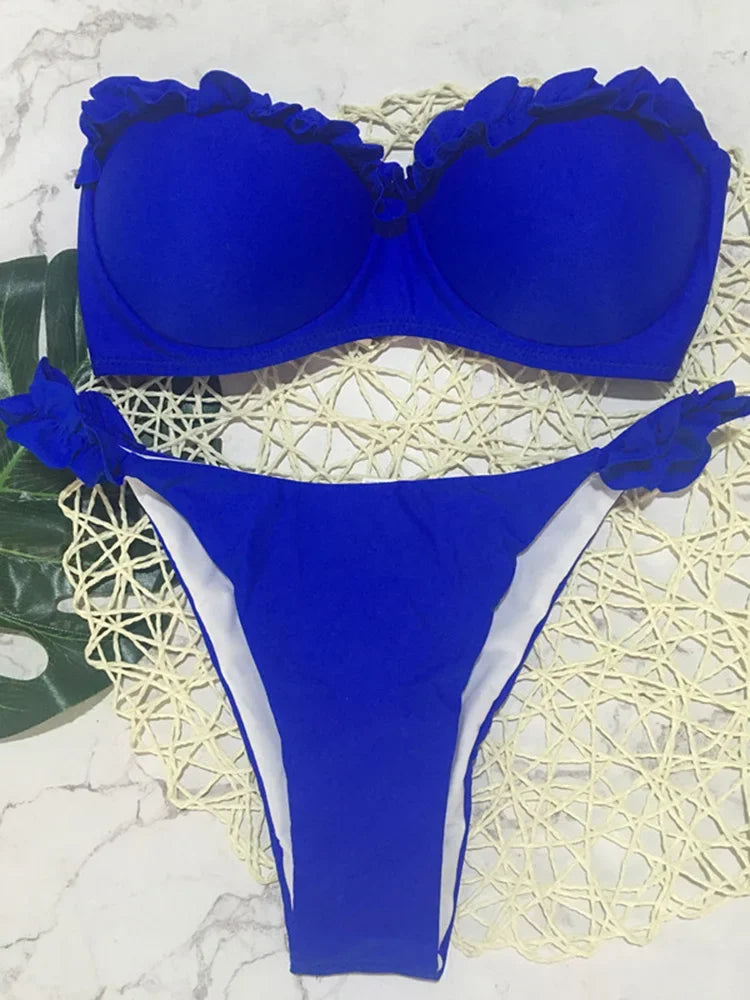 Ruffled Bra Cup Bikinis 2025 Bandeau Bikinis Women Swimsuit Female Swimwear Two Pieces Bikini Set High Cut Bathing Suit Swim