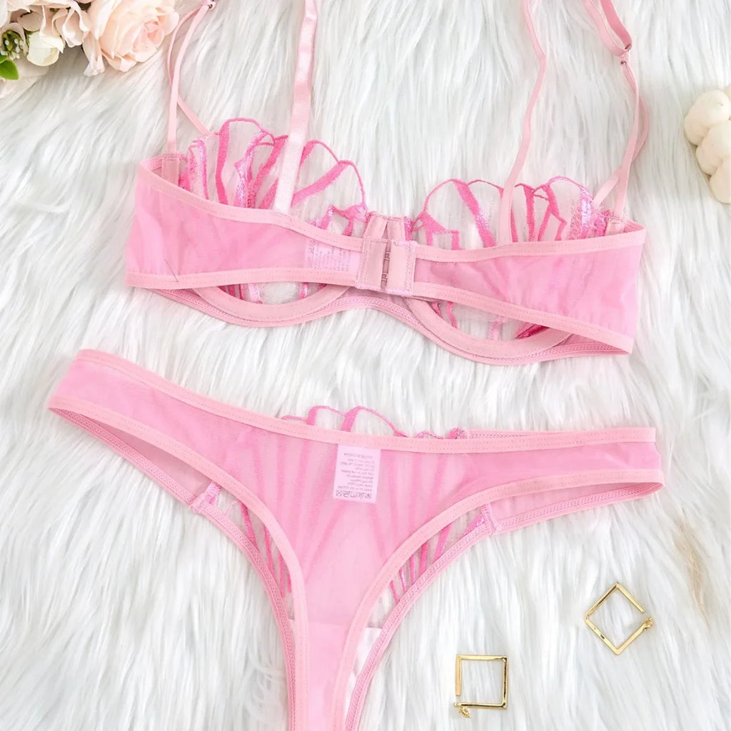 2pcs Women's Bra Set Sexy Lace Mesh Lingerie Set Ultra Thin Breathable Comfortable Lightweight Scallop Transparent Lingerie Set