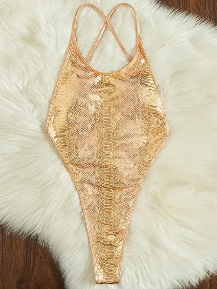 Golden Shiny Snake Print Swimsuit for Women,2026 Summer New One Piece Bikini,U-neck Suspender Cross Straps Beachwear Monokini