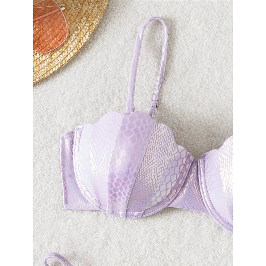 Scalloped Snake Skin Thong Bikini Female Swimsuit Women Swimwear Two-Pieces Bikini Set Bra Cup Bather Bathing Suit Swim V4650