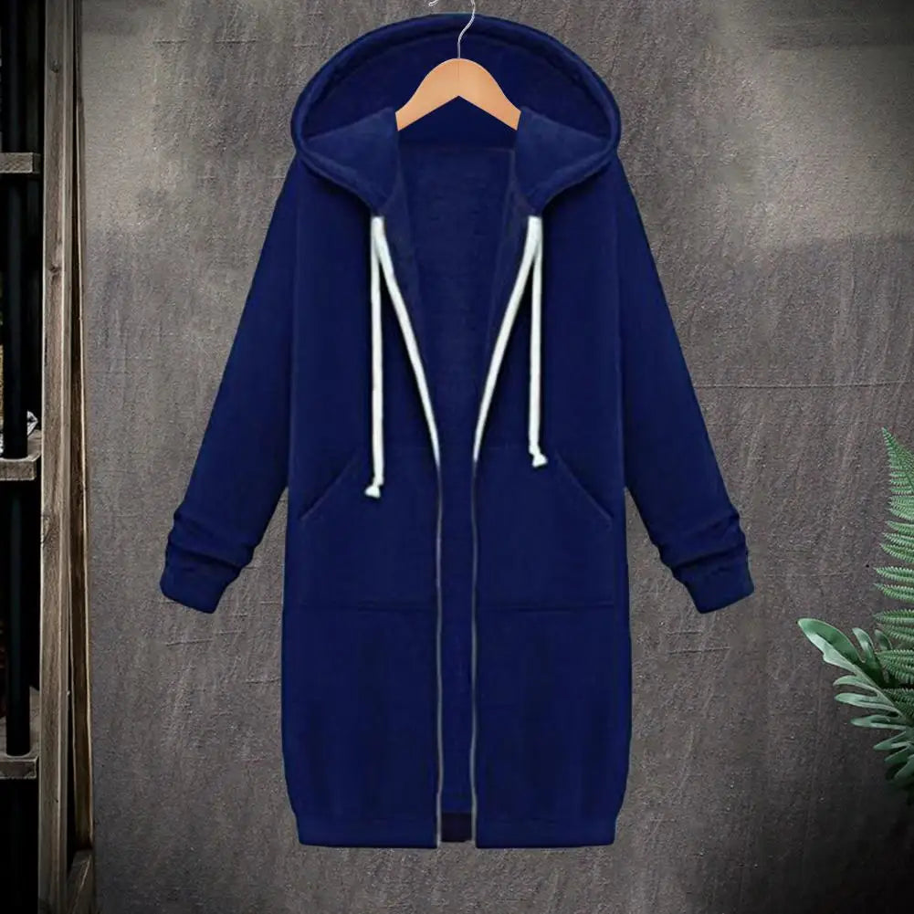 Women Sweatshirt Coat Hooded Adjustable Drawstring Long Sleeve Coat with Pockets Solid Color Mid-length Outerwear