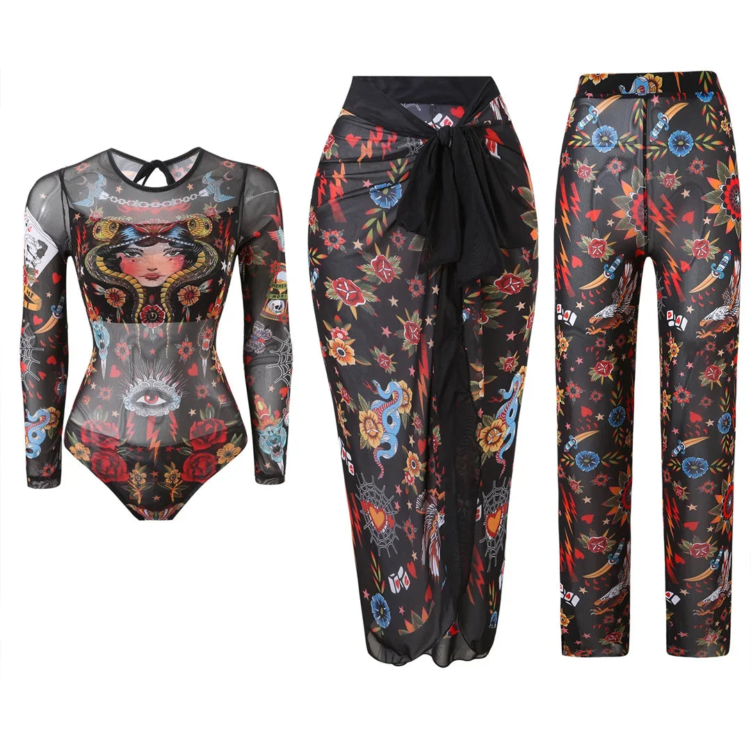 S - XXL 3PCS New Printed Long Sleeve With Pants Sarong Women Swimwear One Piece Swimsuit Female Bather Bathing Suit Swim V7180
