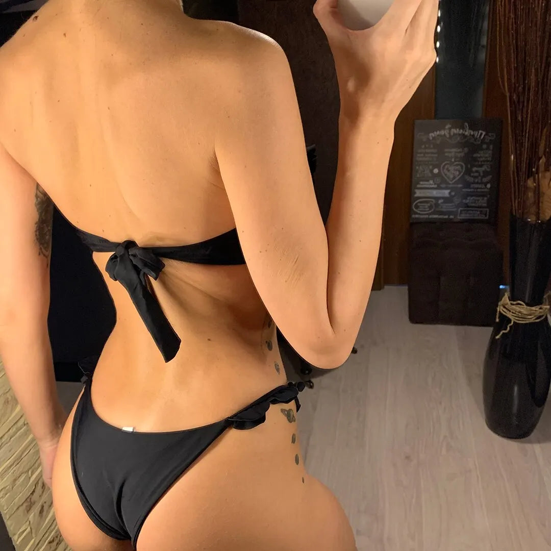 Bandeau Bikini Push Up Swimsuit Female Swimwear Women Two-pieces Bikini Set High Leg Cut Bather Ruffled Bathing Suit Swim V1562