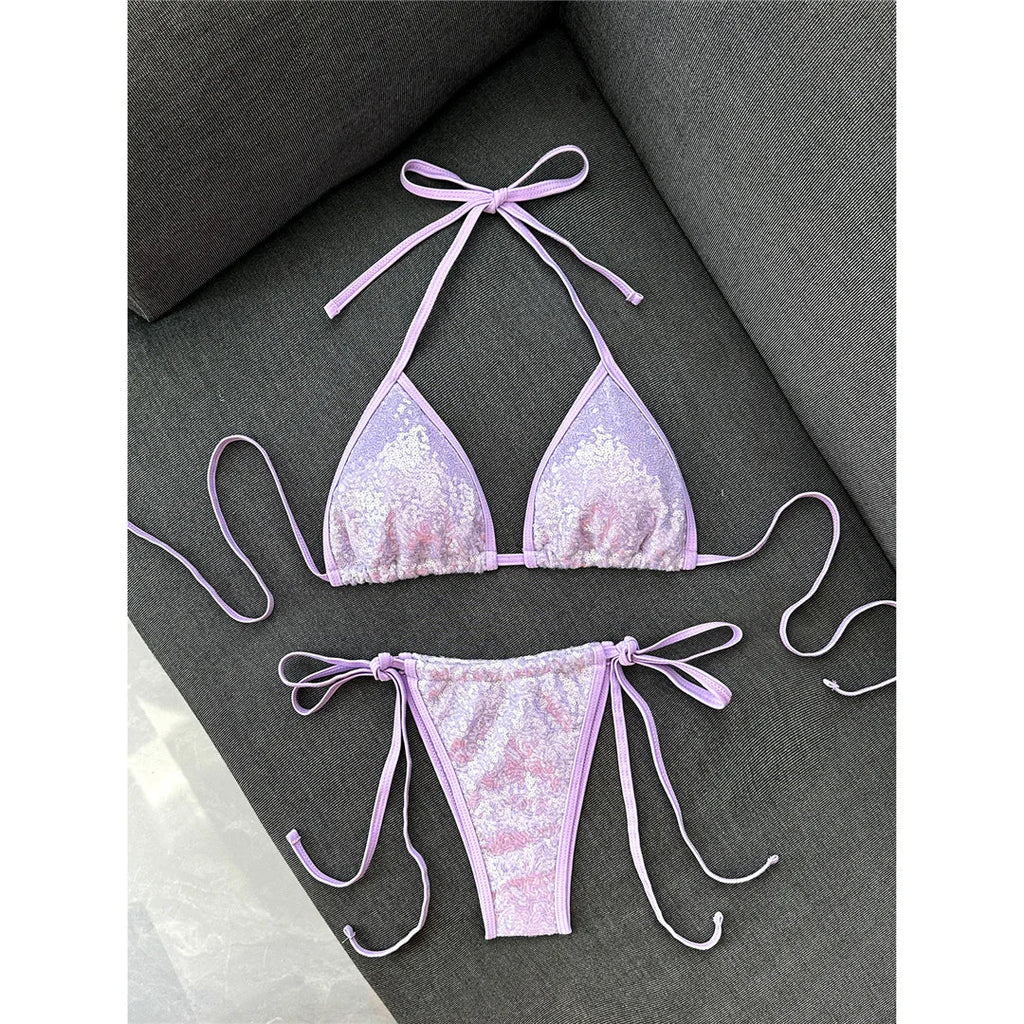 Sequins Halter Bikini Female Swimsuit Women Swimwear Two-Pieces Bikini Set High Cut Leg Padded Bather Bathing Suit Swim V8302