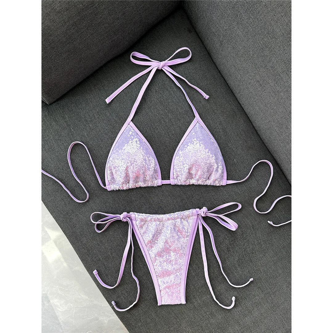 Sequins Halter Bikini Female Swimsuit Women Swimwear Two-Pieces Bikini Set High Cut Leg Padded Bather Bathing Suit Swim V8302
