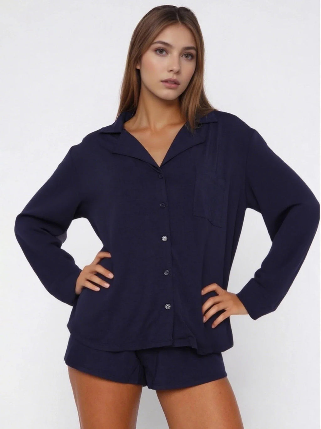 Women Fall 2 Piece Pajamas Set Solid Color Button up Long Sleeves Shirt and Elastic Shorts for Loungewear Soft Sleepwear