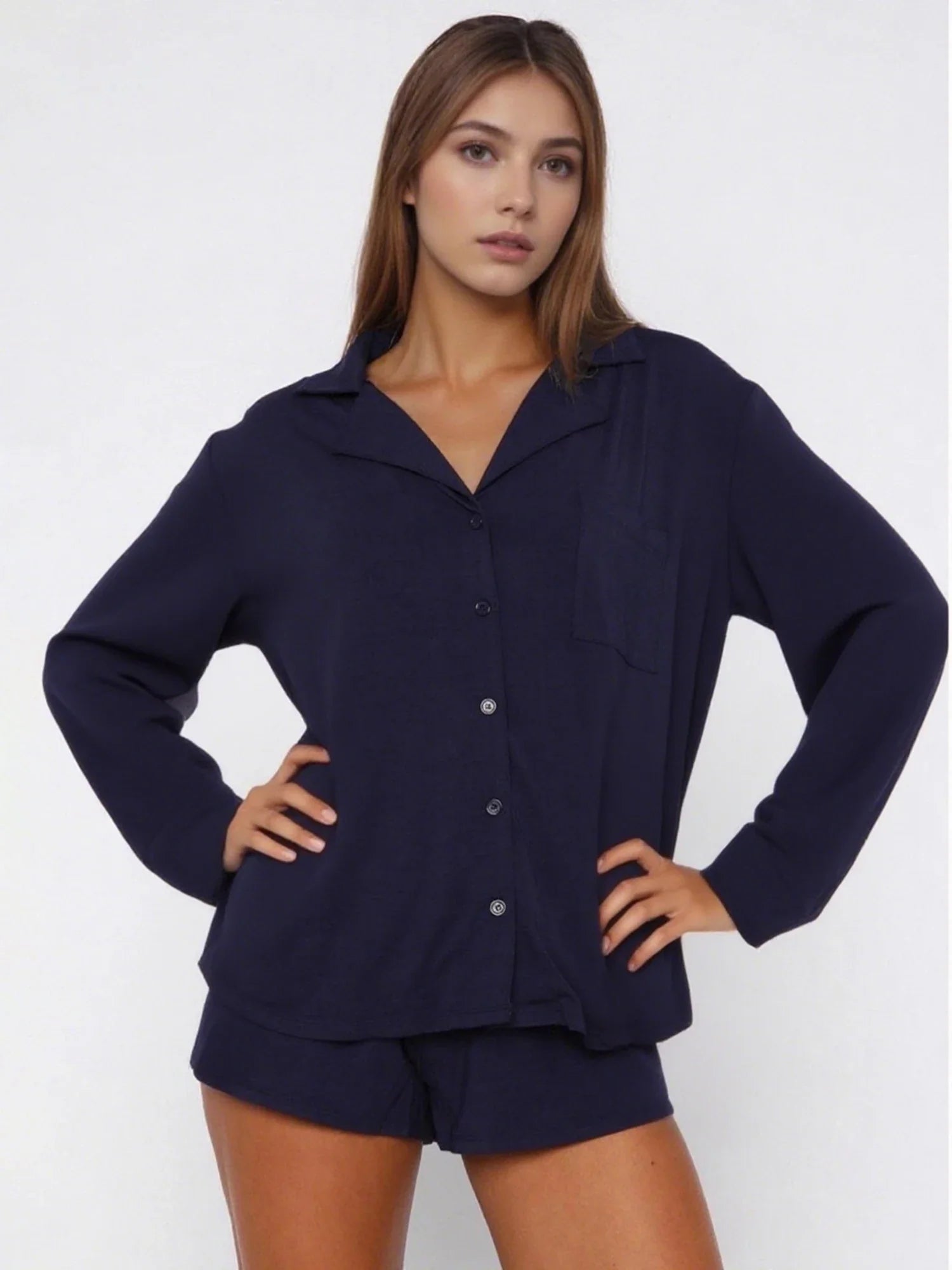 Women Fall 2 Piece Pajamas Set Solid Color Button up Long Sleeves Shirt and Elastic Shorts for Loungewear Soft Sleepwear