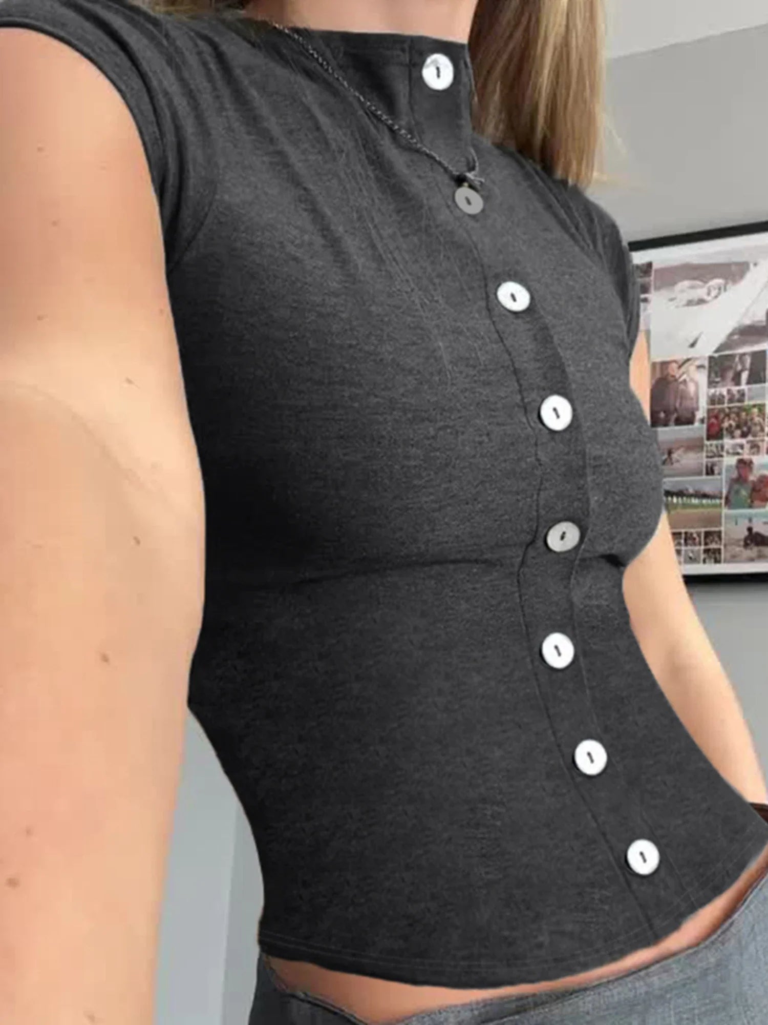 Women's Summer Casual Slim Fit Basic Tops Short Sleeve Round Neck Solid Color Button Up T-shirts