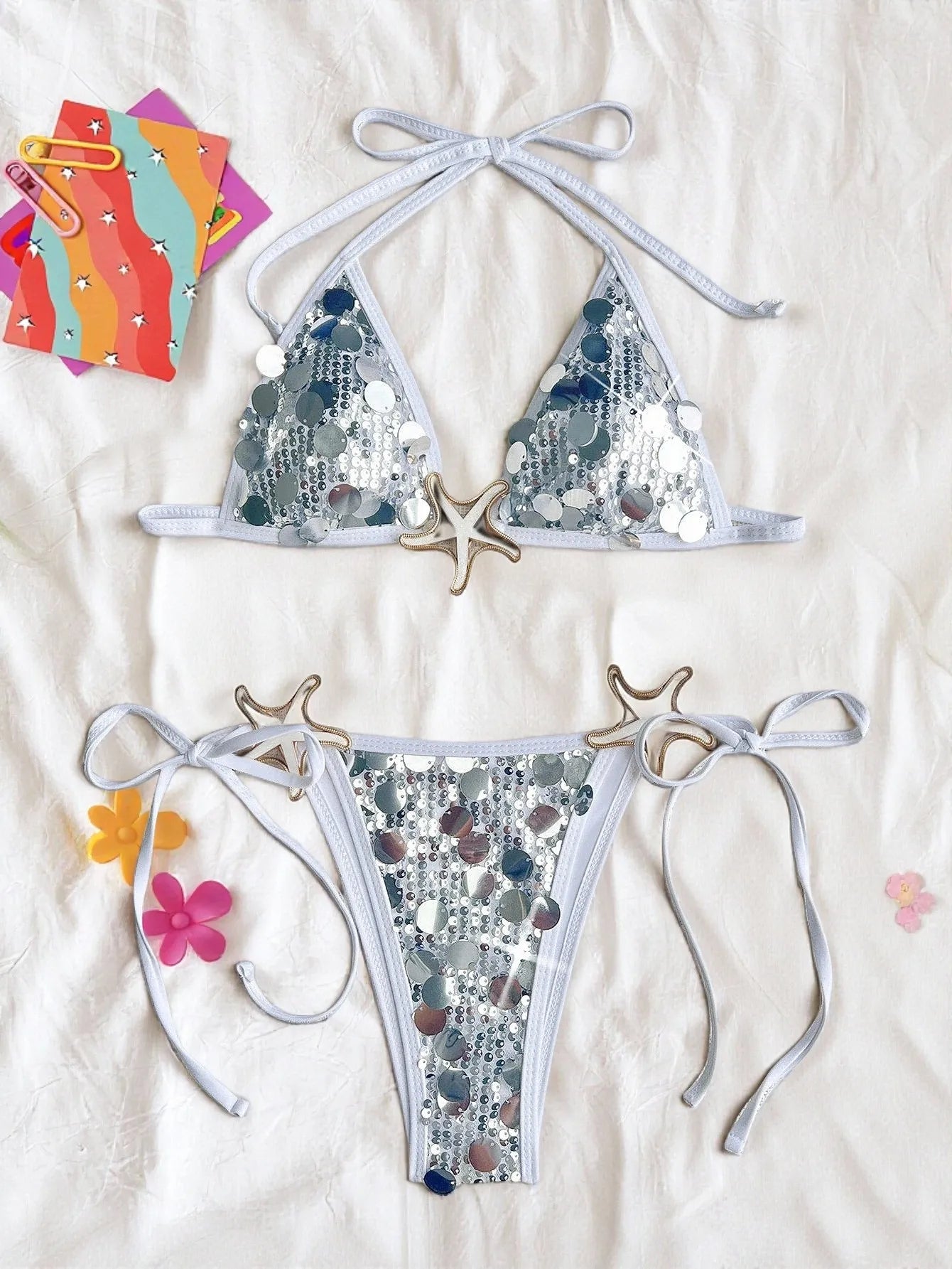 2026 New Summer Women's Crochet Swimsuit Sequins Sexy Backless Lace-up Swimwear Low Waist Micro Bikini Set Beach Bathing Suits