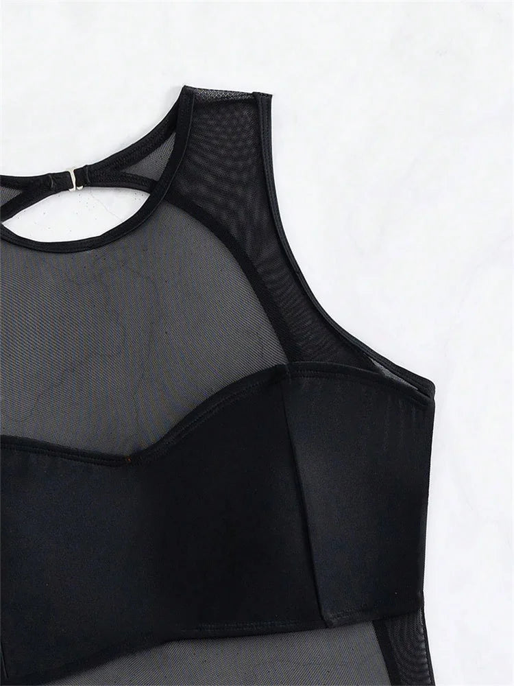 Sexy See Through One Piece Swimsuit 2025 Women Solid Black Mesh Transparent Hollow Out Backless Bathing Suit Swimwear Beachwear