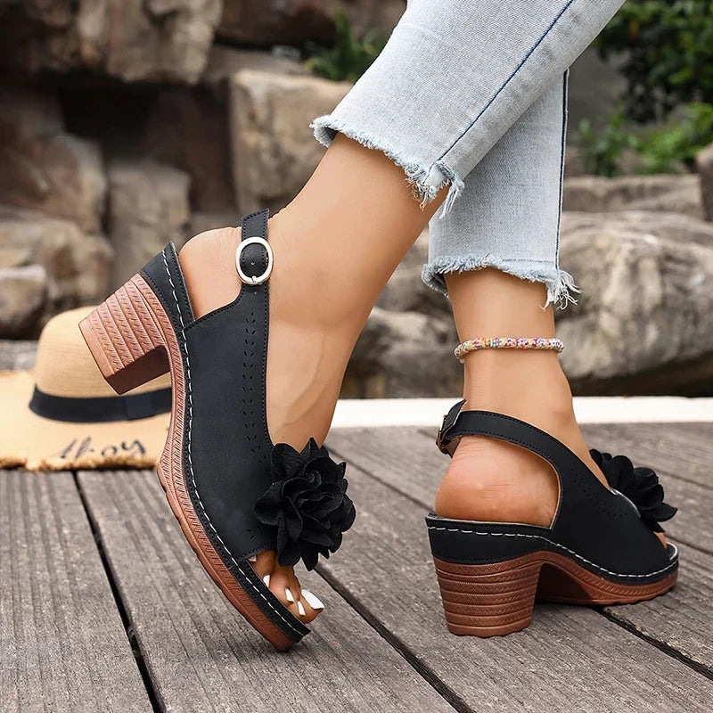 Summer Flower Decor Thick Heeled Sandals Women Plus Size 43 Lightweight High Heel Sandals Woman Back Strap Peep Toe Sandles 2026