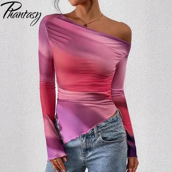 Women's Off-Shoulder Ruffled Sleeve Long-Sleeve Top with Asymmetrical Tie-Dye Mesh Asymmetrical Pleated Floral Print T-Shirt