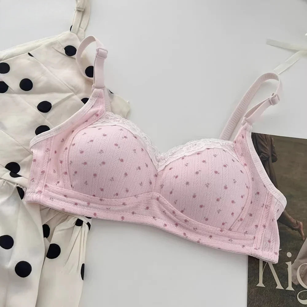 Japa Cherry Blossom Bra Wireless Thin Lace Bralette Small Chest Women Comfortable Breathable Student Underwear Push Up No Steel