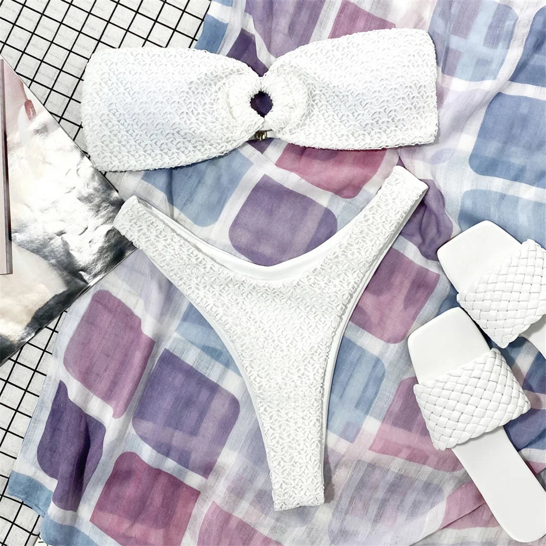 Sexy Wrinkled Bandeau Strapless Bikini Women Swimwear Female Swimsuit Two-Pieces Bikini Set Bather Bathing Suit Swim Lady V3367L