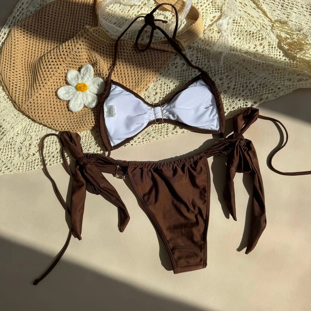 Metal Shell Halter Strappy High Cut Bikini Female Swimsuit Women Swimwear Two-pieces Bikini Set Bather Bathing Suit Swim Lady