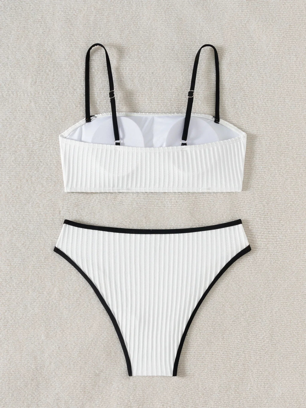 2025 Rib Piping Bandeau High-Rise Bottoms Bikini Set Trendy Beachwear Straight Neckline High Rise Swimwear Swimsuit Bathing Suit