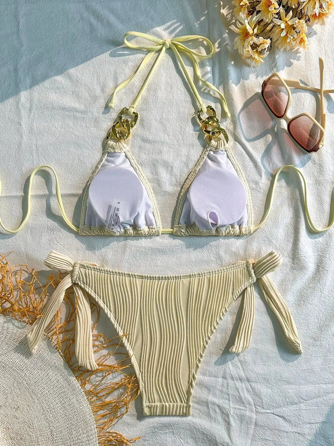 2026 Triangle String Bikinis Women Chain Linked Swimwear Female Sexy Swimsuit Solid Bathers Bathing Swimming Swim Suit Beachwear