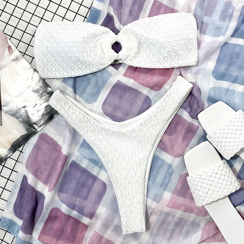 Sexy Fishnet Strapless Bandeau Bikini Women Swimsuit Female Swimwear Two-pieces Bikini set High Cut Bather Bathing Suit Swim