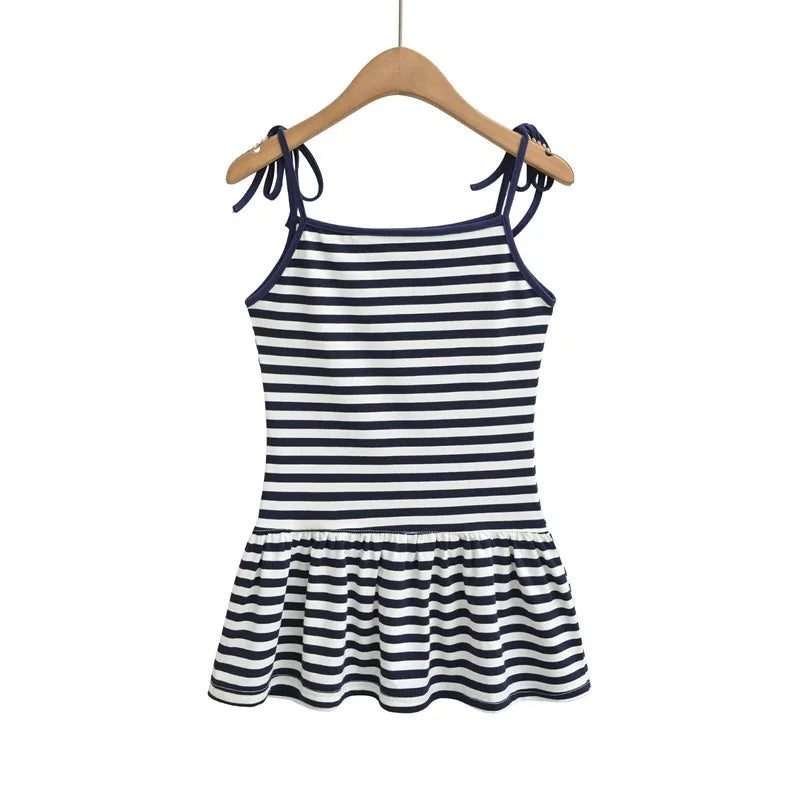 Sweet Double-shoulder Strap Striped Color-block Camisole For Women Unique Design Patchwork Pure Desire Dress Elegant Casual WIKO