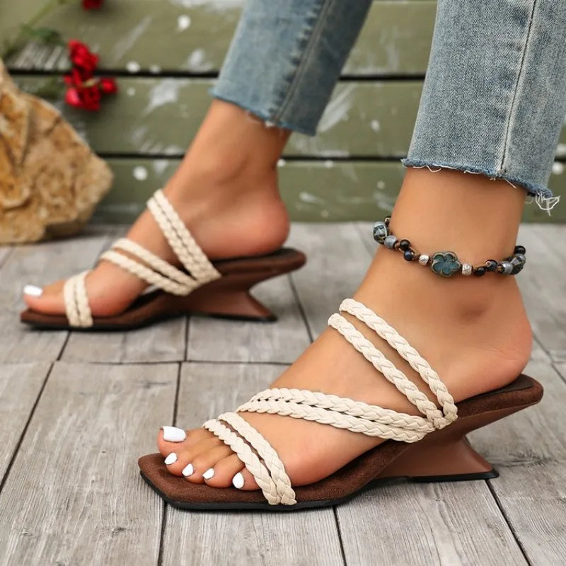 2026  Women's Fashion High Heels Sandals Square Toe Wedge Heeled Dress Shoes Woman Comfort Slip on Thin Strap Sandals