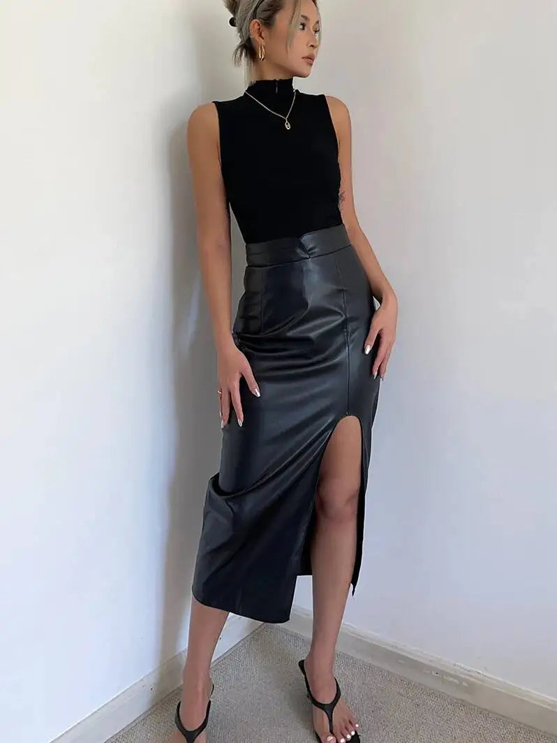 WOMENGAGA High Waist Slim Side Split PU Leather Skirt For Women Spring/Summer Irregular Split One Step Skirt Mid Length 761R