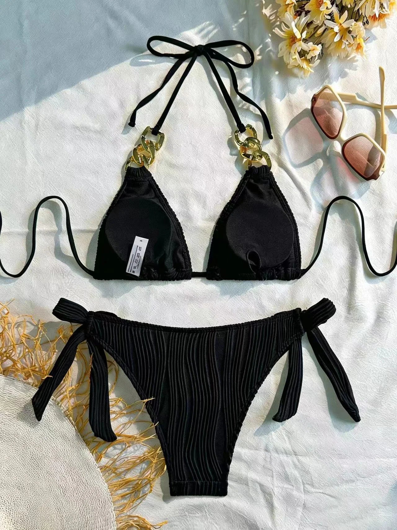 2026 Triangle String Bikinis Women Chain Linked Swimwear Female Sexy Swimsuit Solid Bathers Bathing Swimming Swim Suit Beachwear