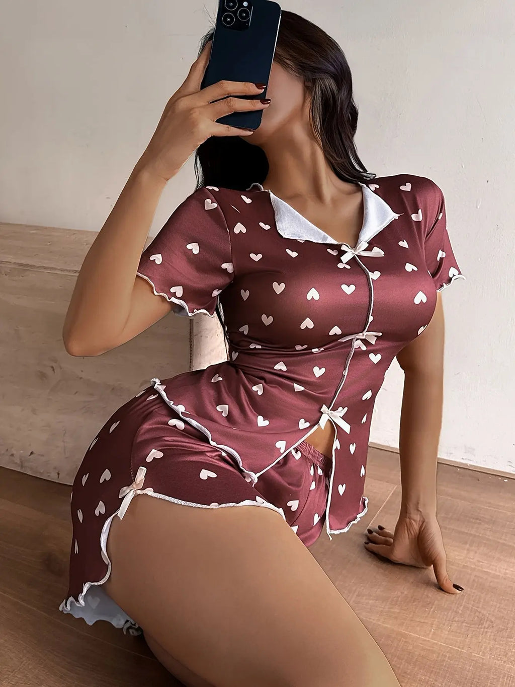 Women's Sleepwear Pajama Set Top and Shorts 2-piece Pajama Set Love Printed Lapel Bow Women's Loungewear