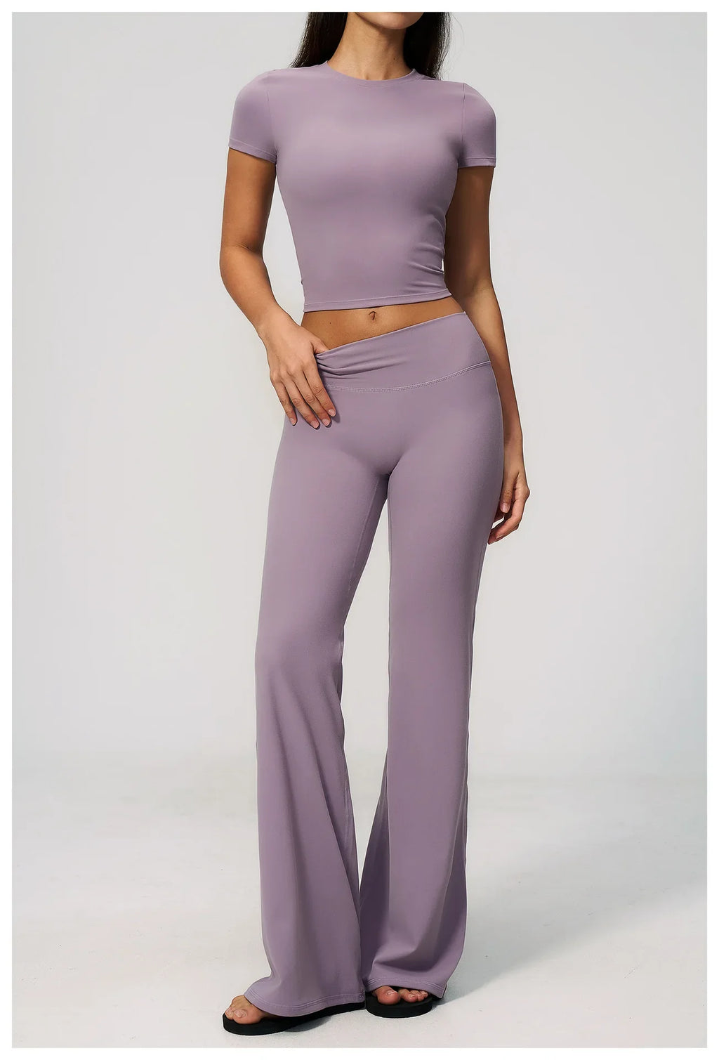 Creamy 2 Pieces Workout Suit Women Yoga Outfits Short Sleeve O Neck Slim Sports T Shirts High Waist Flare Pants Gym Fitness Sets