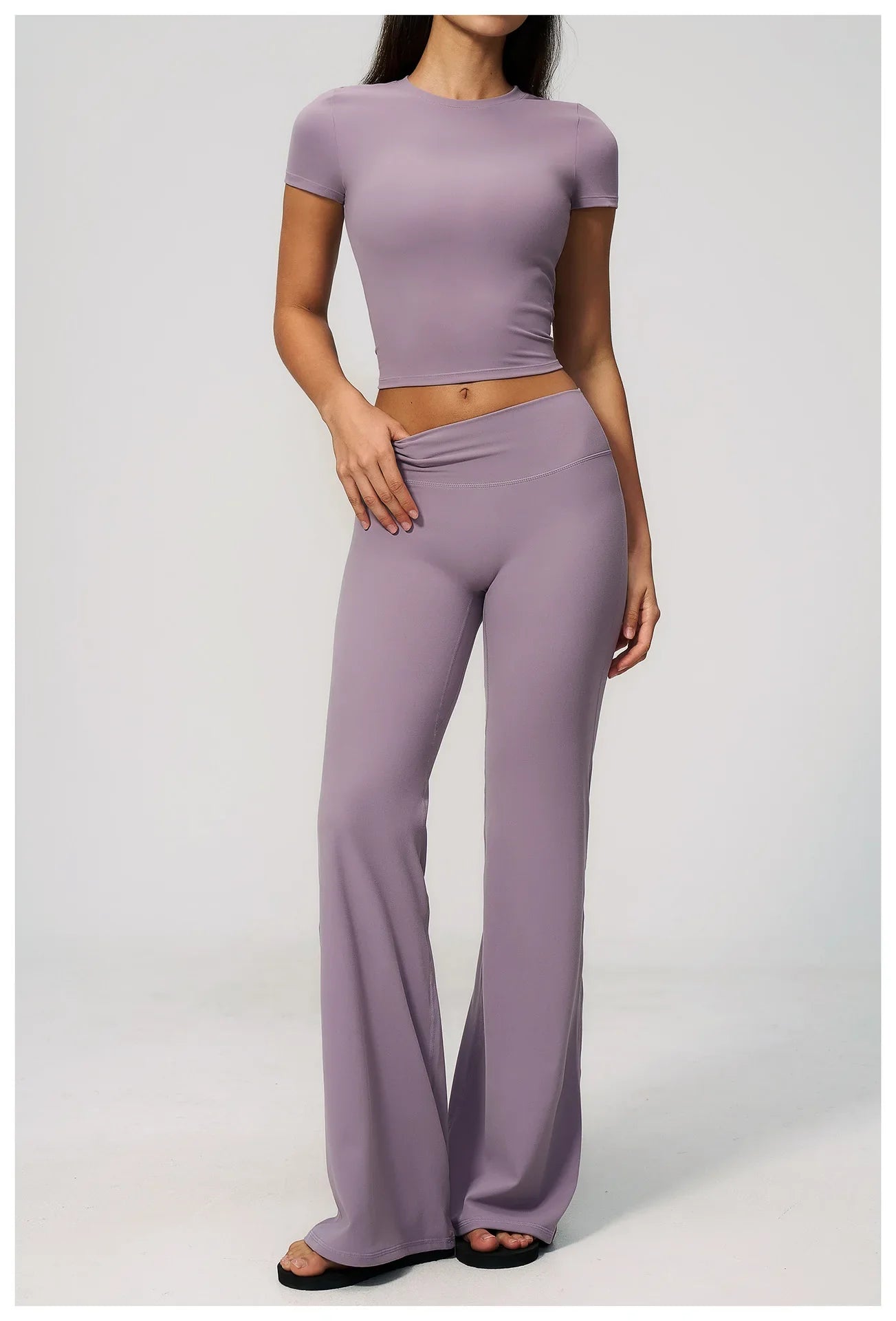 Creamy 2 Pieces Workout Suit Women Yoga Outfits Short Sleeve O Neck Slim Sports T Shirts High Waist Flare Pants Gym Fitness Sets