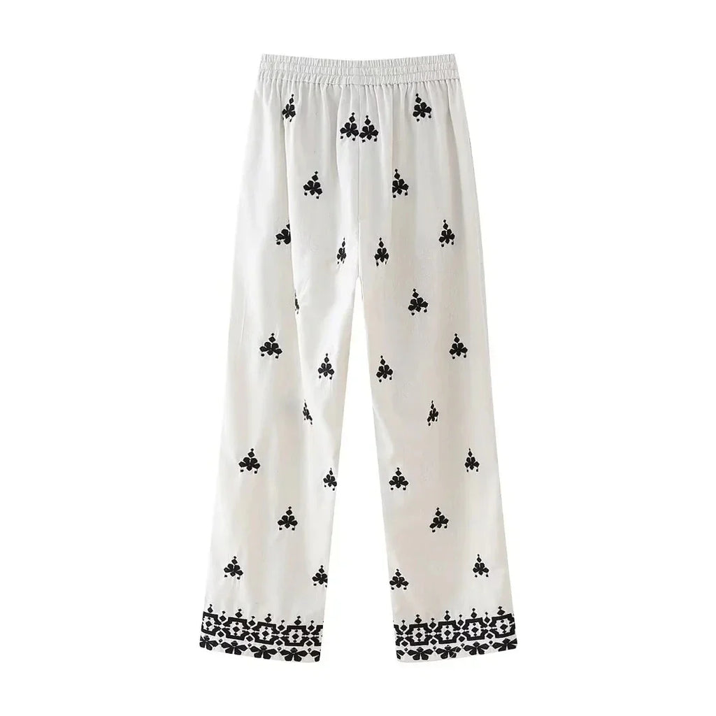 Foridol Geometric Pattern Embroidery Long Pants Women Wide Leg Beige Casual Summer Pants Elastic Waist Drawstring Pants 2025