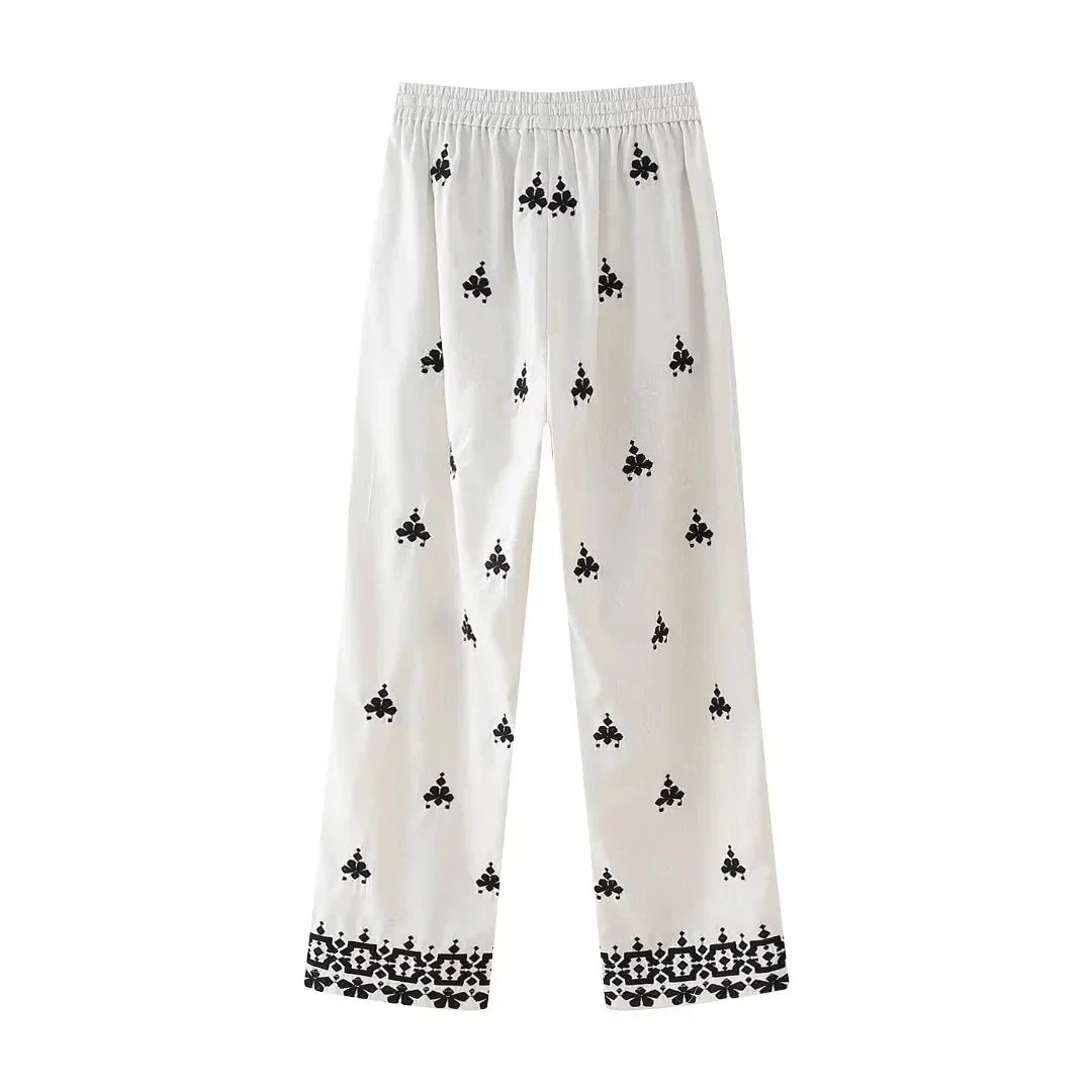 Foridol Geometric Pattern Embroidery Long Pants Women Wide Leg Beige Casual Summer Pants Elastic Waist Drawstring Pants 2025