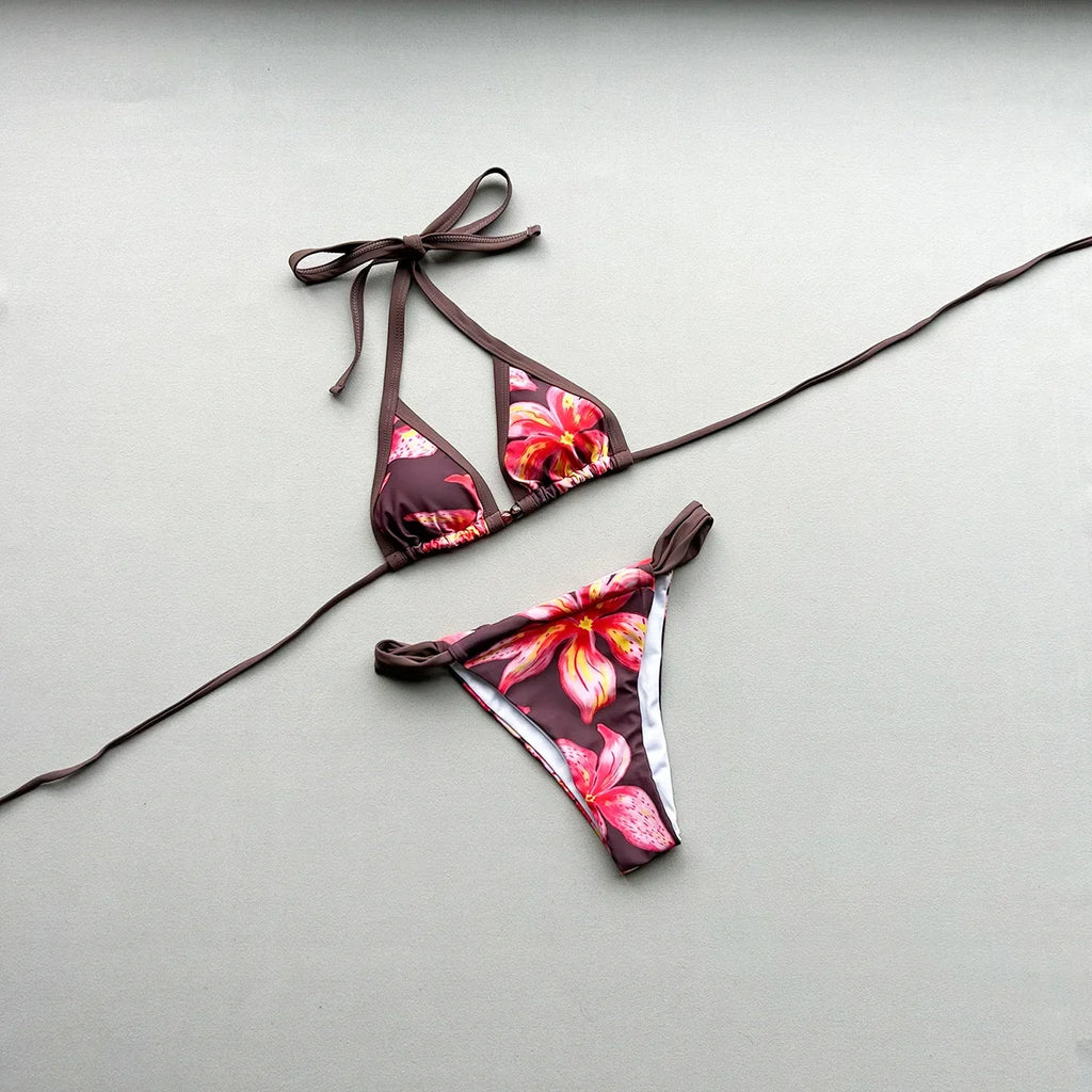 Boho Style Women's Floral Print Swimsuit Sexy Backless Lace-up Swimwear Push Up Thong Bathing Suit Female Bikini Set Beachwear
