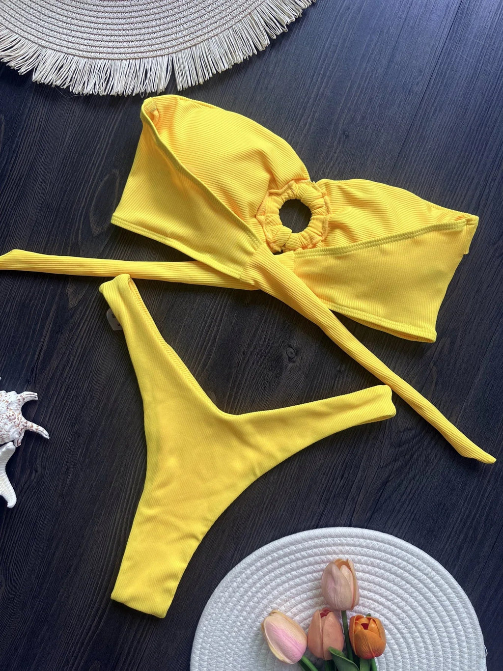 Floral Printed Wrinkled Bandeau Bikini Female Swimsuit Women Swimwear Two-pieces Bikini Set High Cut Bather Bathing Suit Swim