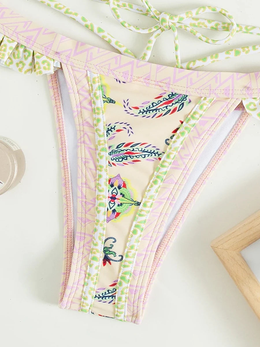 Floral Print Halter Ruffle Frilled Bikini Women Thong Swimwear Female Swimsuit Two-pieces Bikini Set Bathing Suit Swim Beachwear