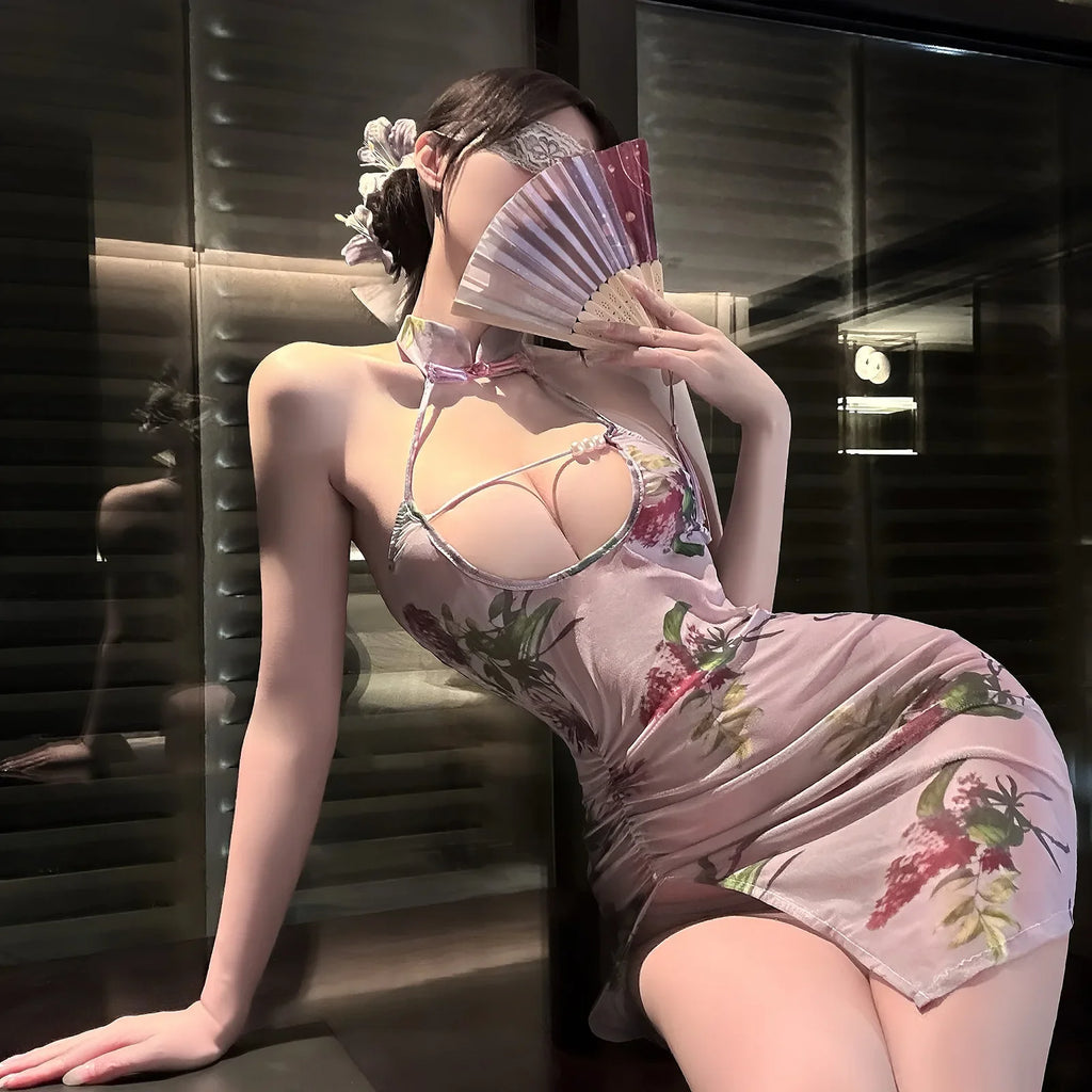 Hanging Neck Flower Print Off-the-shoulder Dress For Woman Pure Desire Backless Sleeveless Dress Elegant Nightclub Style 1P2O