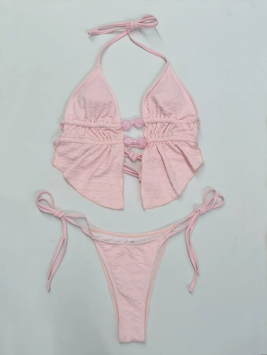 Sexy Thong Bikini 2026 Mujer Women Pink Pearls Hollow Out Pleate Ruffles Push Up Swimsuit Beach Bathing Suit Holiday Swimwear