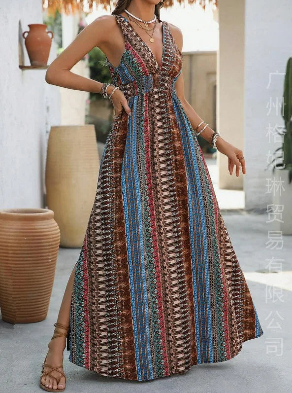 Bohemian Style Print Sleeveless Long Dresses Women Summer V-neck Backless Leace-up Slit Dress Casual Lady Vacation Vestidos