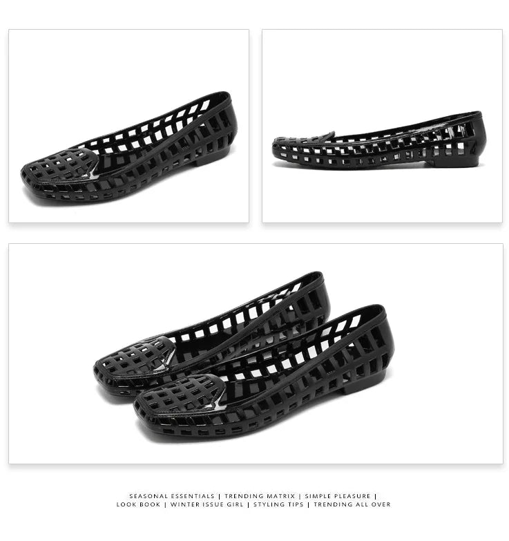 New 2025 Women Fashion Jelly Shoes Summer Cut-out Flat Sandals, Soft PVC Casual Square Toe Girls Daily Walking Sandalias