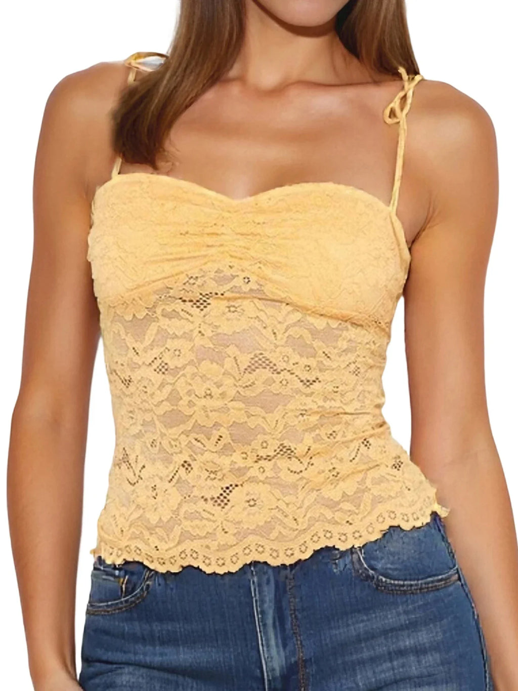 Women's Solid Color Lace Cami Tops Sleeveless Tie Spaghetti Strap Ruched Bust Camisole Summer Vest
